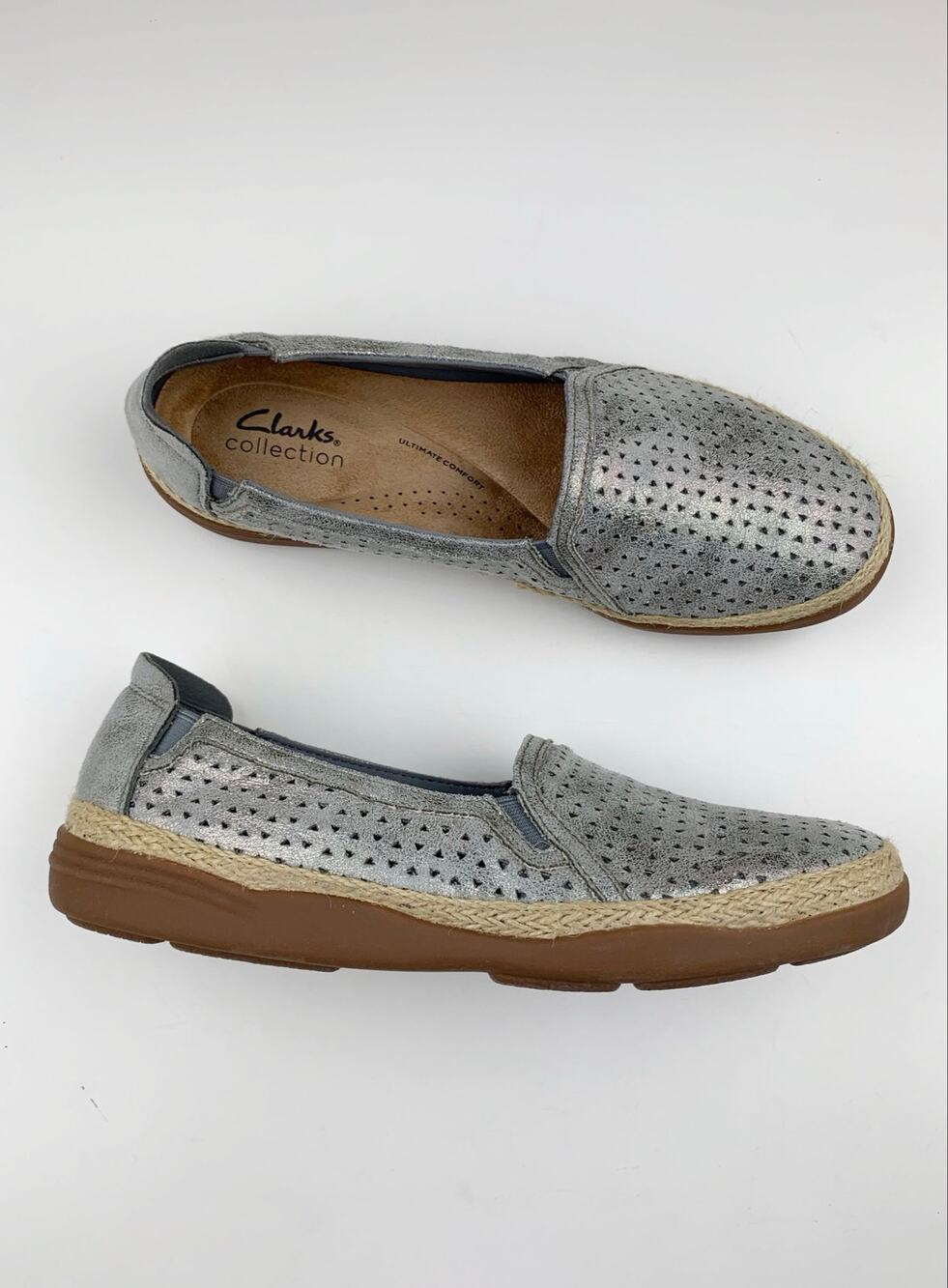 Clarks Elaina Ruby Slip On Espadrille Flats Silver Comfort Shoes Women's 8